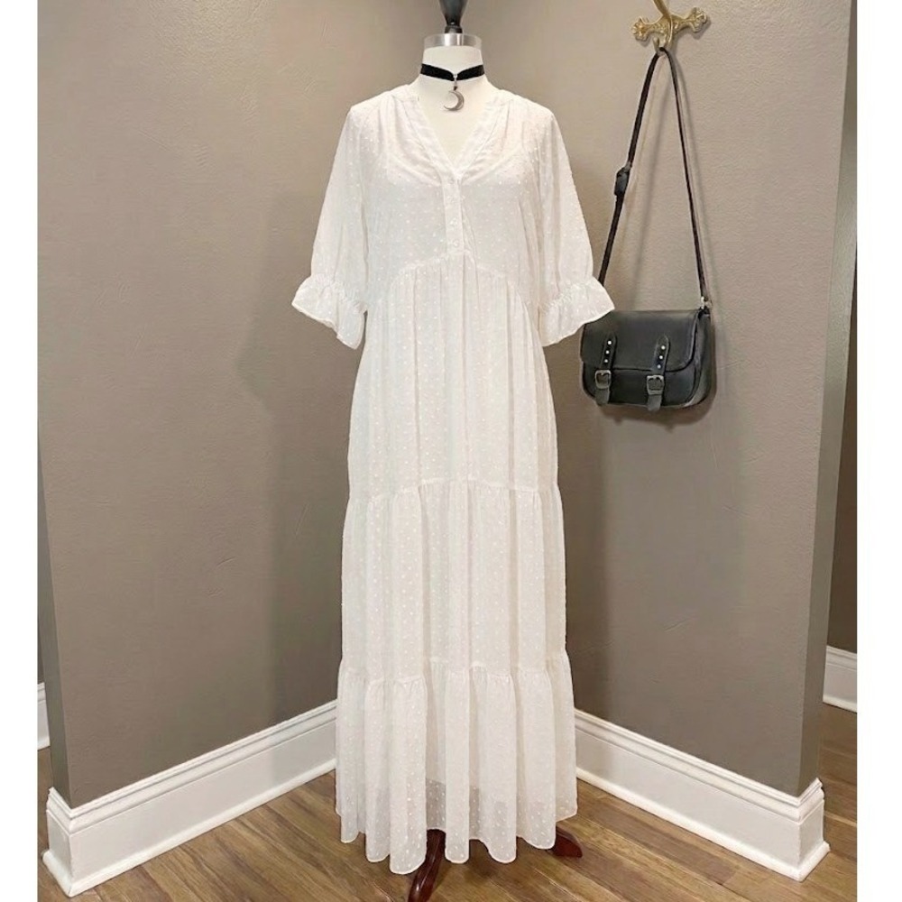 Prairie Style White Maxi Dress Short Sleeve Boho Indie Loose Flowy LARGE